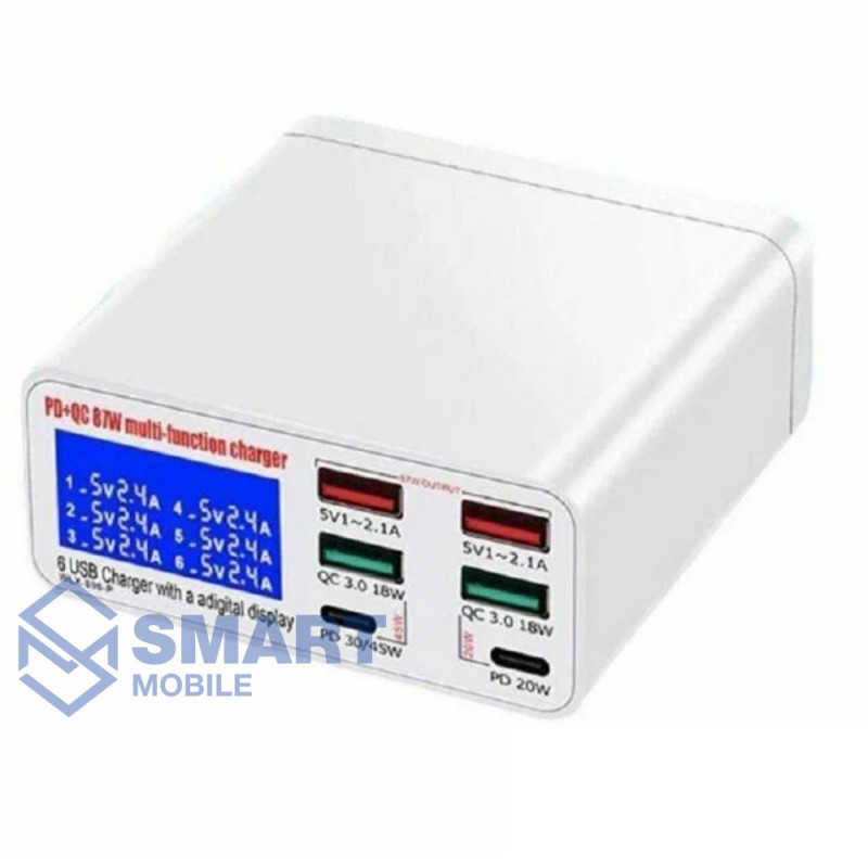 Зарядная станция WLX Charge Expert 896P/ 4*USB + 2*PD/ Fast Charge QC3.0/ 5V-9V-12V-15V-20V/ 3A-1.5A/ 87W (белый)