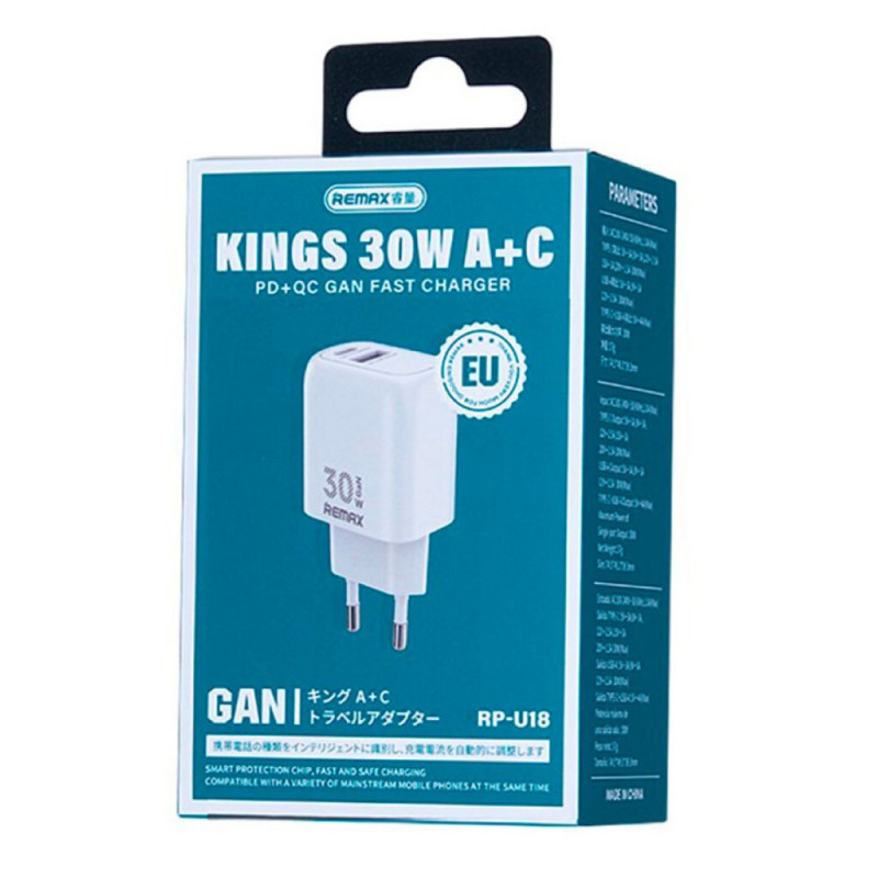 СЗУ с PD 30W (USB-C) + (USB) QC 3.0 (3250 mAh) Remax RP-U18 GAN (белый)