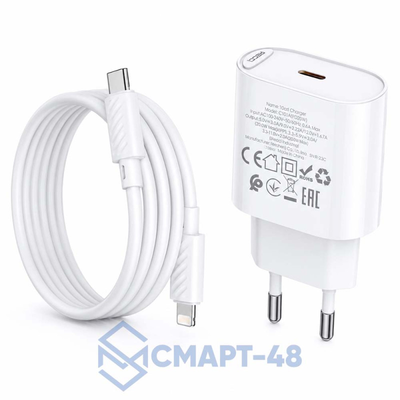 СЗУ с PD 20W (USB-C) Hoco C109A + кабель Type-C - Lightning (белый)