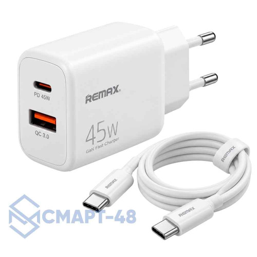 СЗУ с PD 45W (USB-C) + (USB) QC 3.0 (1800 mAh) REMAX CA-25 + кабель Type-C - Type-C (белый)
