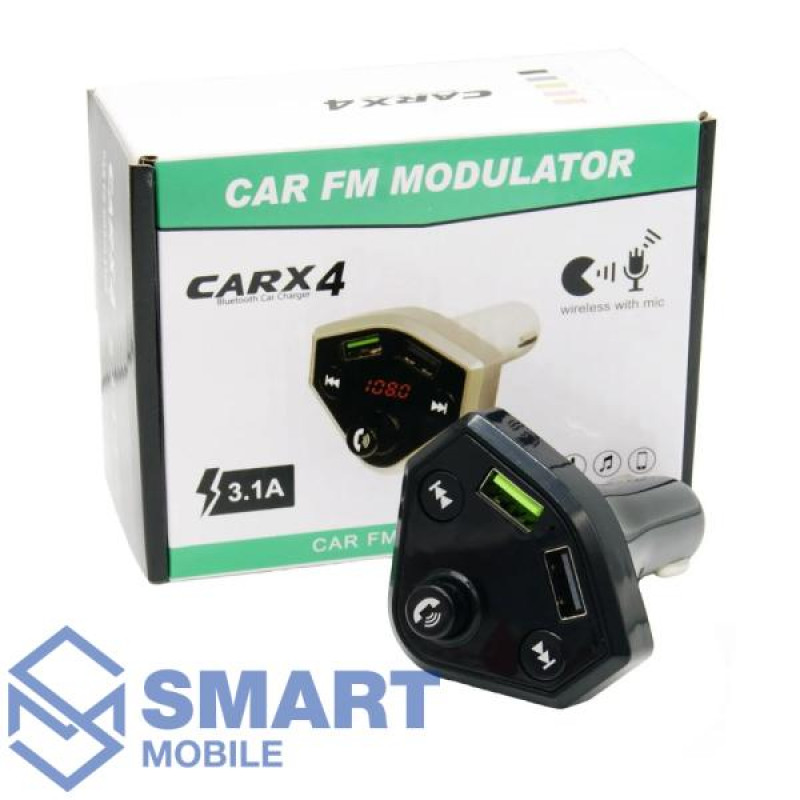 FM-Модулятор CARX4, Bluetooth, 2 USB, LED-дисплей, микрофон, кнопка ответа (черный)