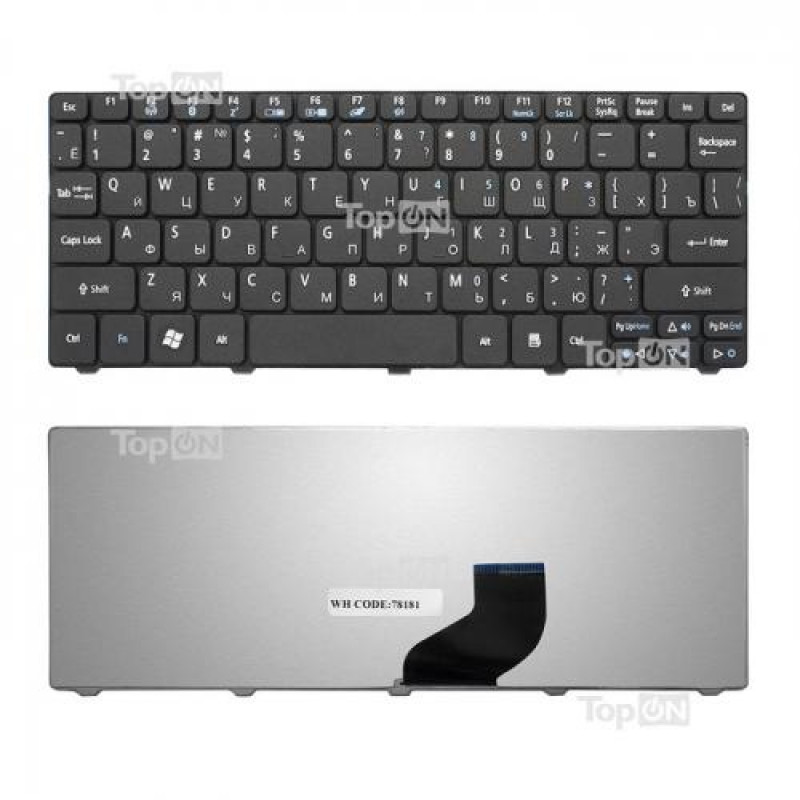 Клавиатура для ноутбука Acer Aspire One 532, 522, D255, D260 Series. Плоский Enter. Черная, без рамки. PN: 90.4GS07.C0R