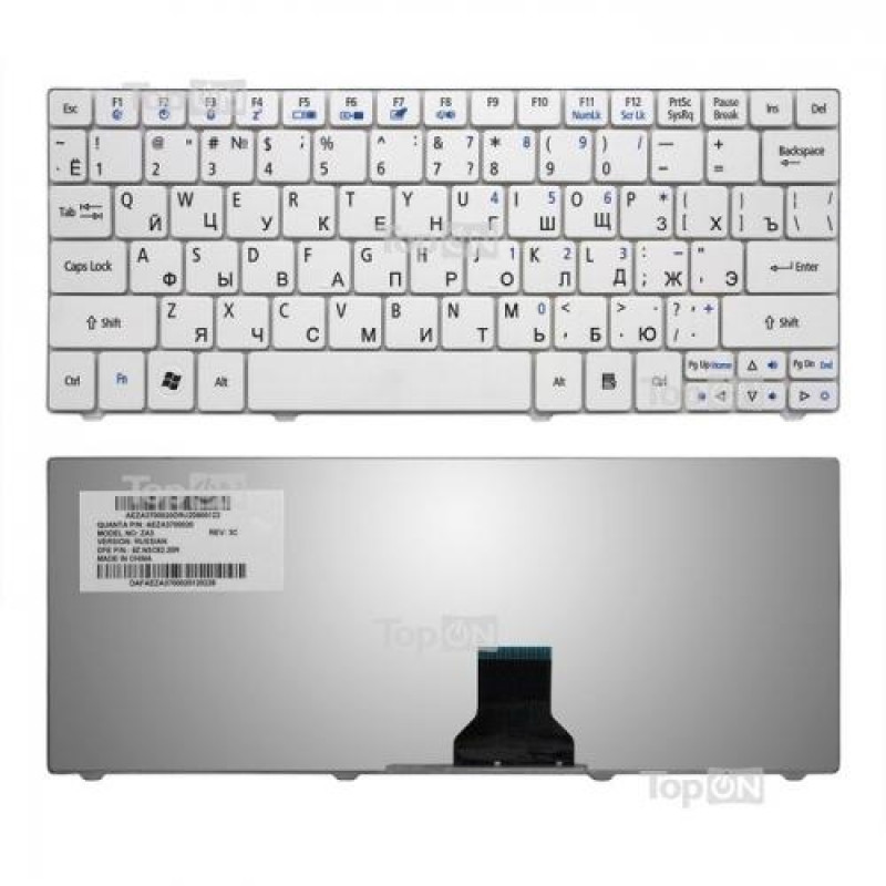 Клавиатура для ноутбука Acer 1810, 1830T, 721, 722, 751 Series. Плоский Enter. Белая, без рамки. PN: NSK-AQ00R