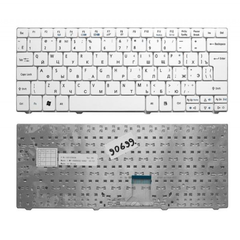 Клавиатура для ноутбука Acer 1810, 1830T, 721, 722, 751 Series. Г-образный Enter. Белая без рамки. PN: NSK-AQ00R