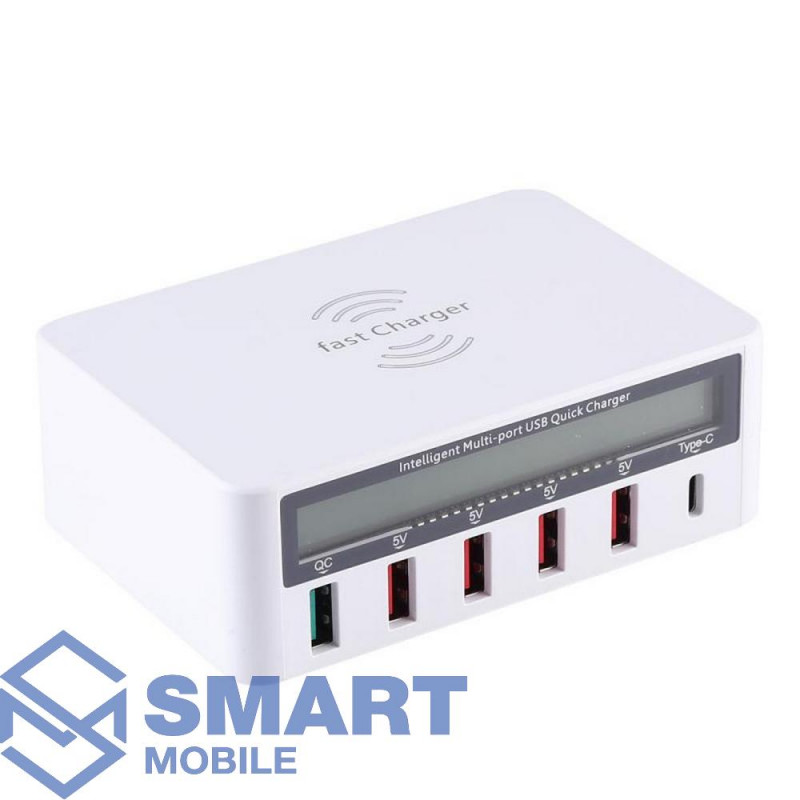 Зарядная станция WLX Charge Expert 818F/ LCD/ 40W QC3.0+PD/ 5V-9V-12V/ 1.5-3A/5*USB/ 1*USB-C (белый)