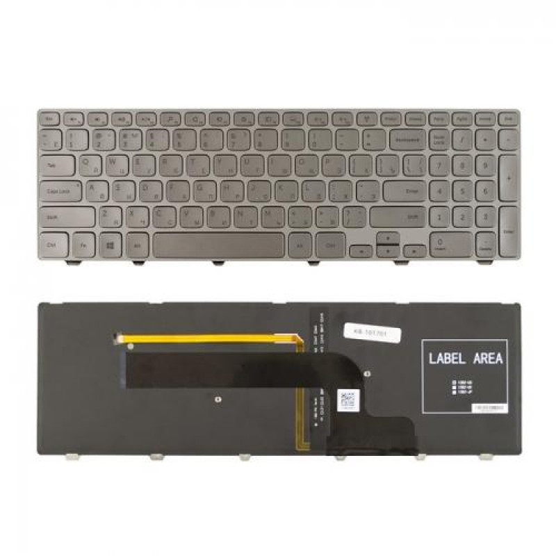 Клавиатура для ноутбука Dell Inspiron 15-7000 15-7537 Series. Плоский Enter. Серебристая, с серебристой рамкой. С подсветкой. PN: 0KK7X9