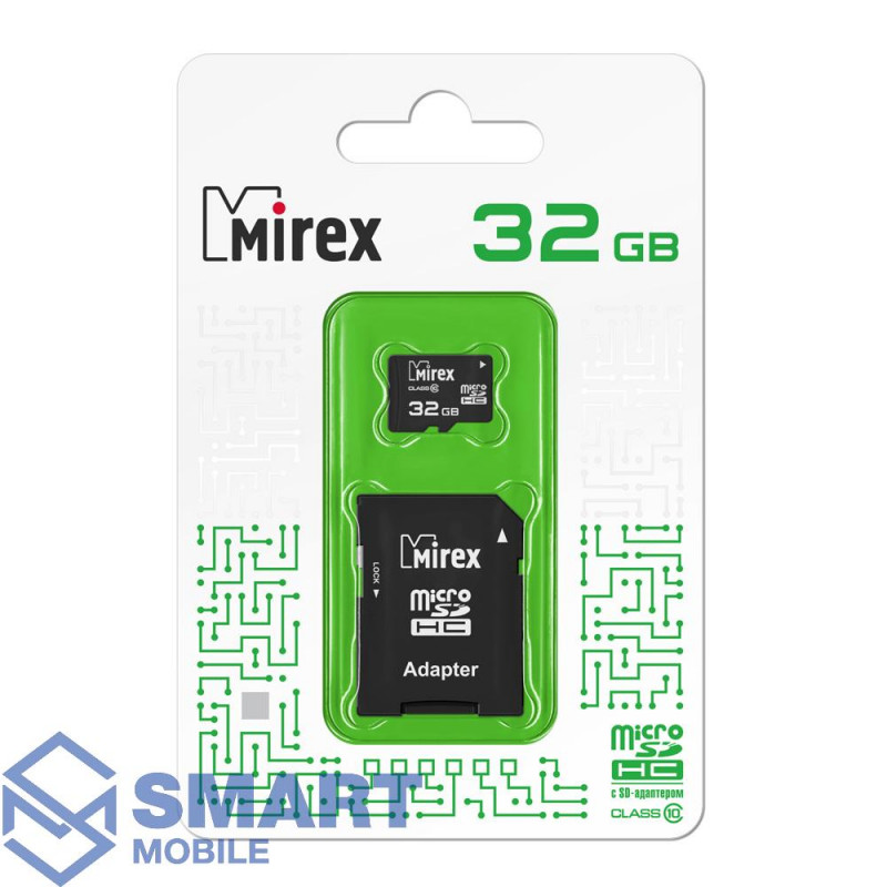 Карта памяти 32Gb microSD Mirex Class 10 + SD адаптер
