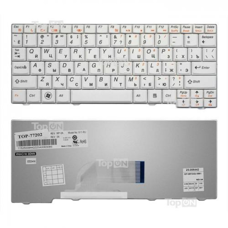 Клавиатура для ноутбука Lenovo IdeaPad S10-2, S10-3C, S11 Series. Плоский Enter. Белая, без рамки. Русифицированная. PN: 42T4224, 42T4259, 8C9092, V100620BK1, 25-008466, MP-08F53US-686. 