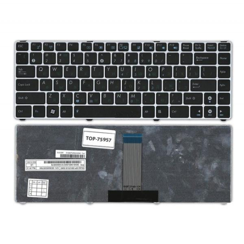 Клавиатура для ноутбука Asus U20, UL20, Eee PC 1201, 1215, 1215B Series. Плоский Enter. Черная, с серебристой рамкой. PN: 9J.N2K82.90R