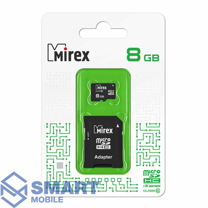 Карта памяти 8Gb microSD Mirex Class 10 + SD адаптер