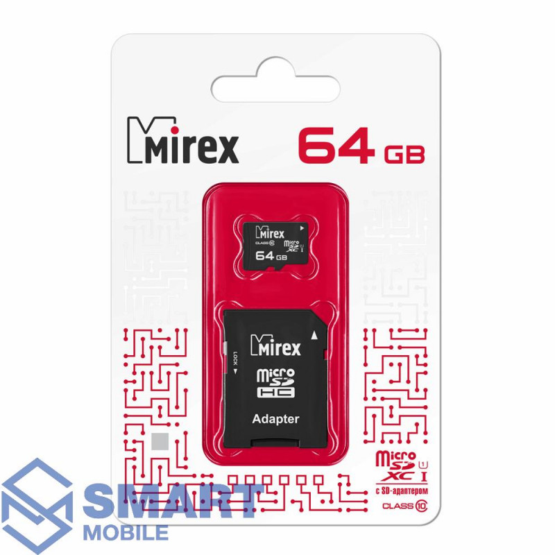 Карта памяти 64Gb microSD Mirex Class UHS-I U1 + SD адаптер