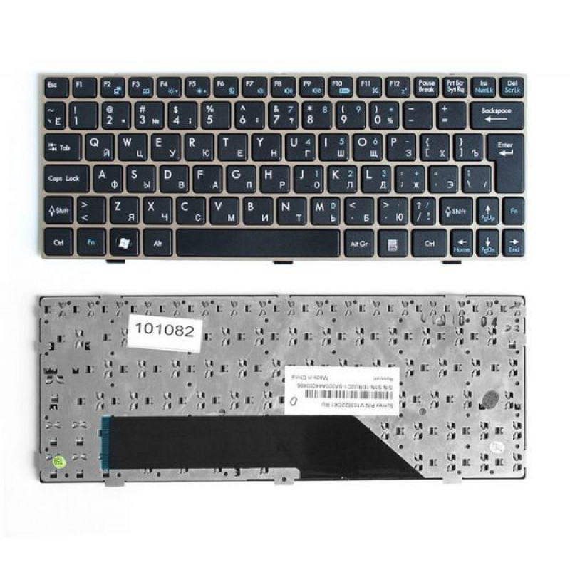 Клавиатура для ноутбука MSI U160, L1350, U135 Series. Г-образный Enter. Черная, с золотистой рамкой. Русифицированная. PN: MS-N014, V103622CK1, V103622AK1, V103622AS1. 