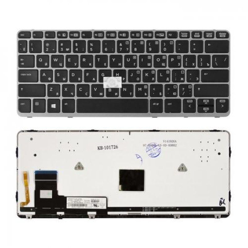 Клавиатура для ноутбука HP EliteBook 720 G1, 820 G1 Series. Плоский Enter. Черная, с черной рамкой. Русифицированная. С подсветкой. PN: 9Z.N9WBV.10R, V141926AS1. 