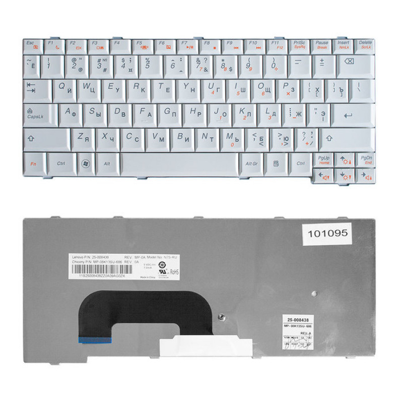 Клавиатура для ноутбука Lenovo IdeaPad S12 Series. Плоский Enter. Белая, без рамки. Русифицированная. PN: 25-008393, 25-008399, 25008393, 25008399, MP-08K13SU-6861, N7S-RU, 25-008418. 