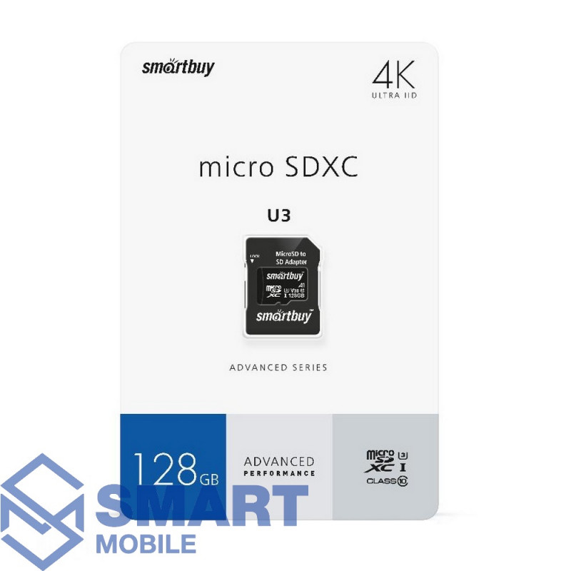 Карта памяти 128Gb microSD Smartbuy Class UHS-I U3 80MB/s + SD адаптер